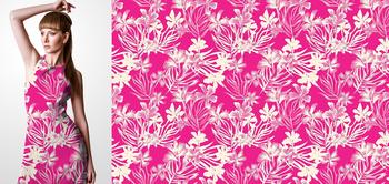 33220v Materiał ze wzorem białe tropikalne kwiaty na różowym tle